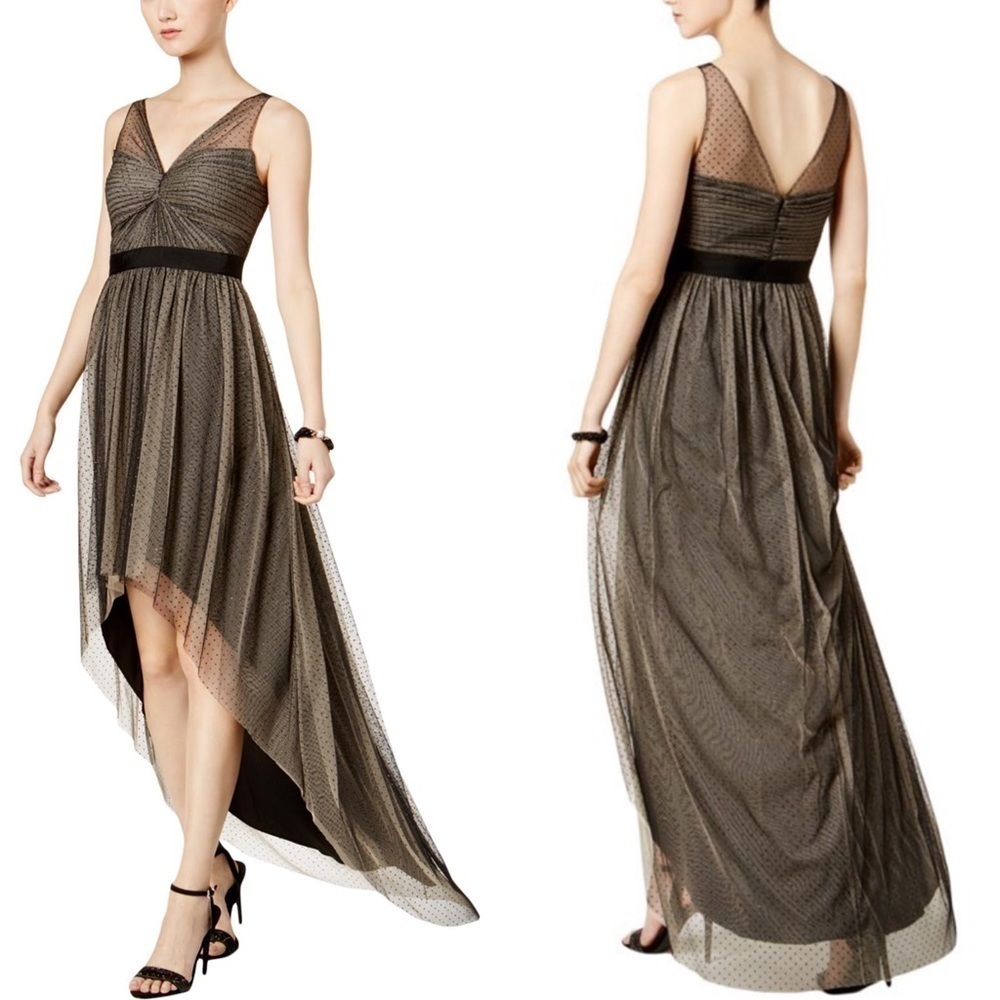 ADRIANNA PAPELL AP1E202268 HIGH LOW GLITTER PIN DOT RUCHED COCKTAIL DRESS